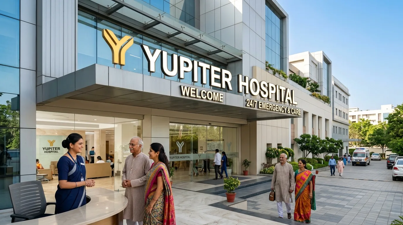 Patient arriving at Yupiter Hospital 24x7 Emergency Reception for immediate medical triage